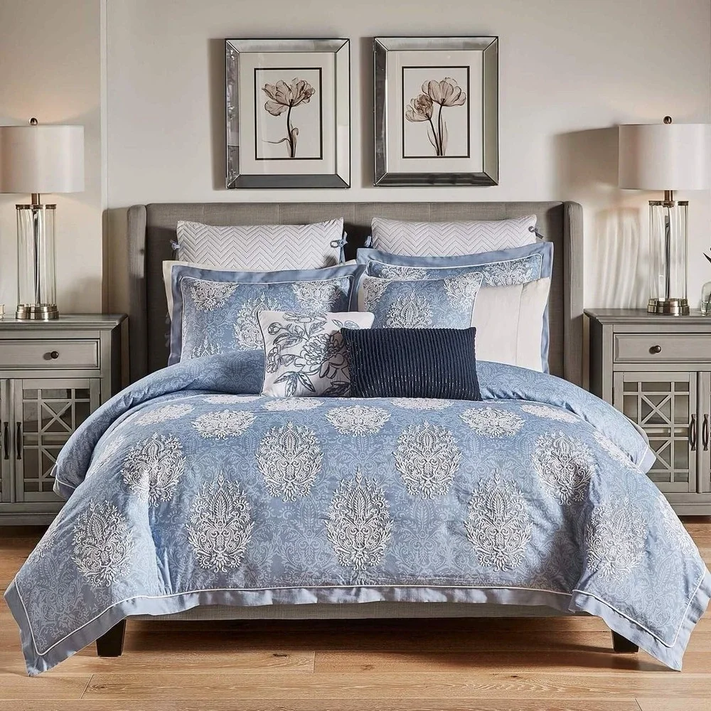 Croscill Zoelle King Comforter & 2 Pillow Shams 3 Pc Set Blue Embroidered Cotton